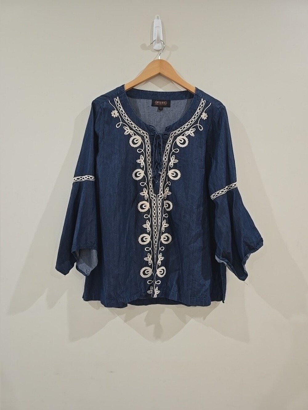 Western Festival Tunic Boho Shyanne Womens  XXL Blue Embroidered  V-Neck 3/4